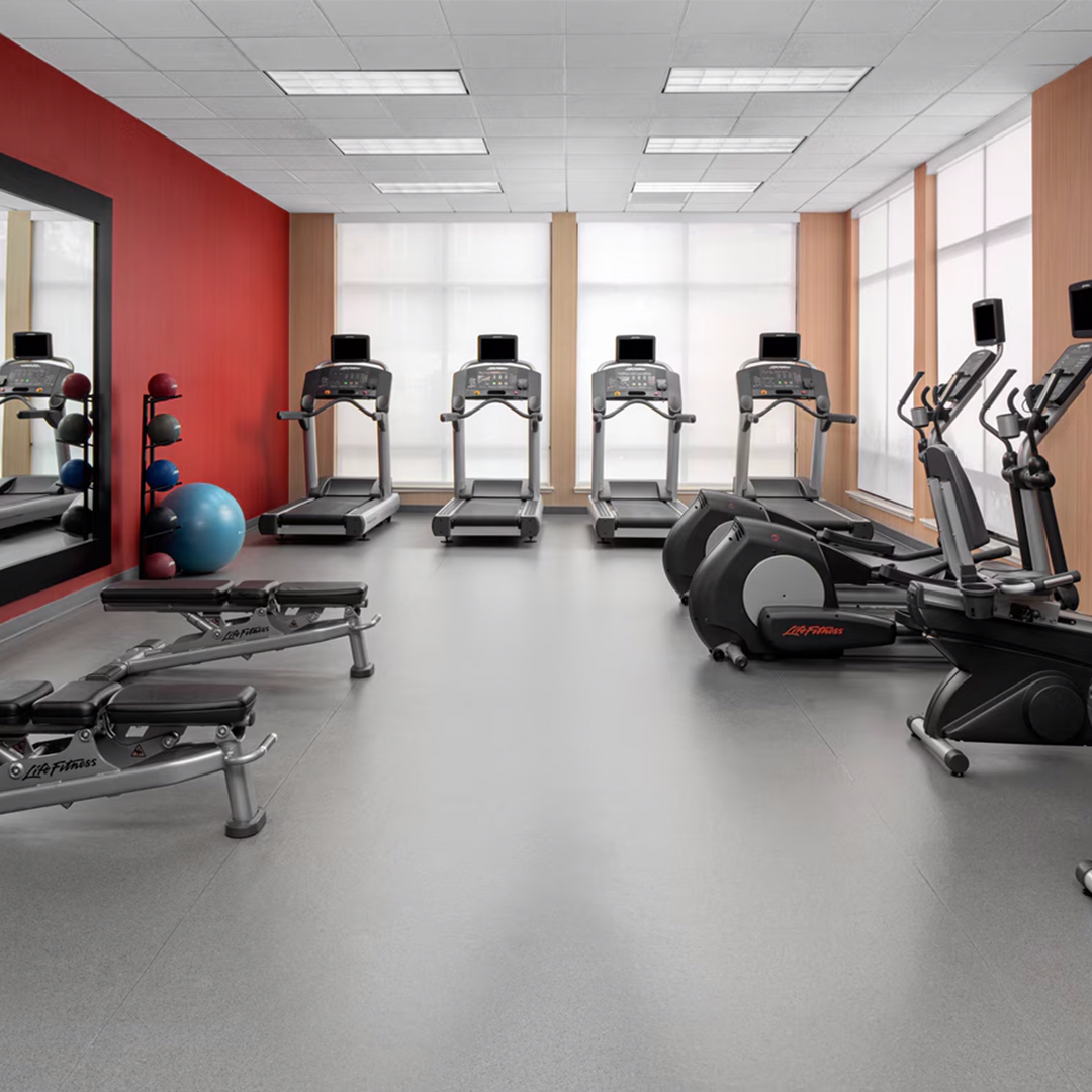 Gym equipment featuring treadmill, bikes, and weights.